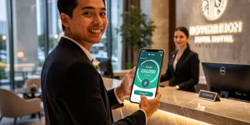 Traveler checking into a hotel, smartphone showing loyalty points