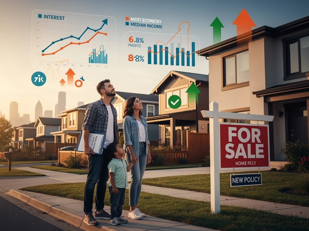 Graphs showing economic trends and a family viewing a house, symbolizing housing affordability and first-time buyer challenges.