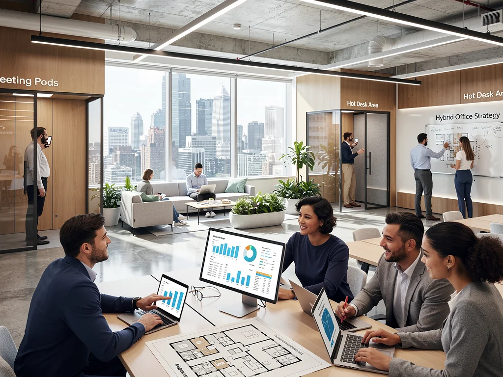 Diverse professionals collaborating in a modern hybrid office space, representing evolving work models.