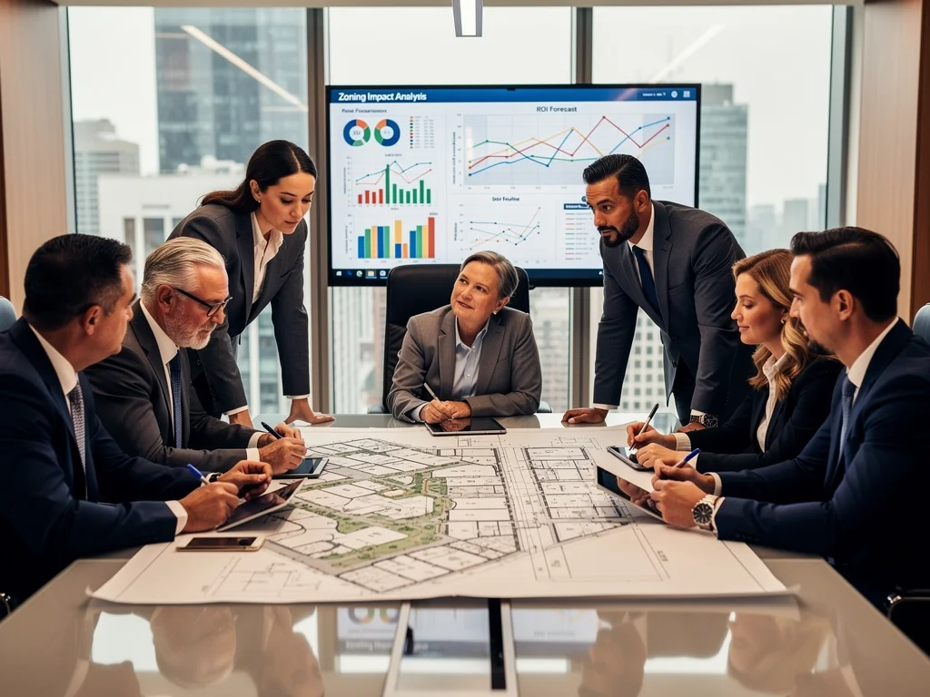 Real estate professionals discussing commercial property development plans in a boardroom.
