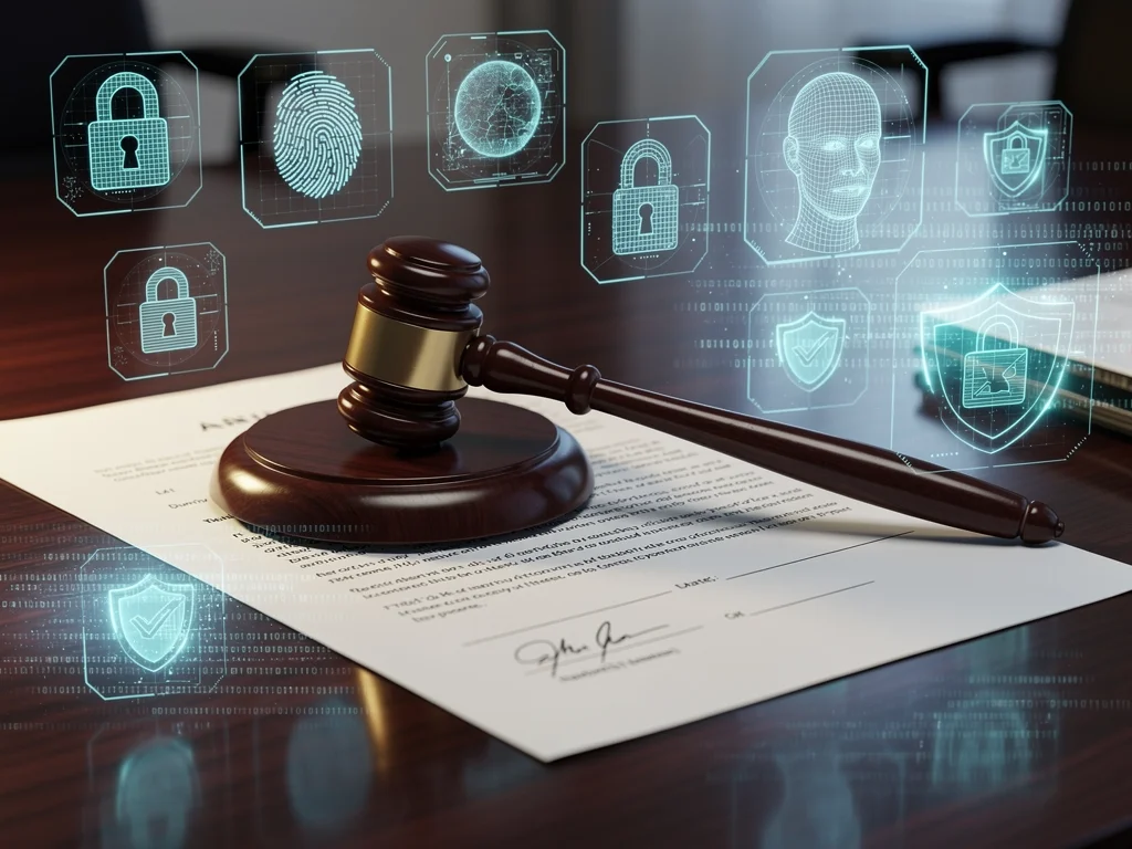 Gavel on legal document with digital security icons, symbolizing new credit reporting laws.