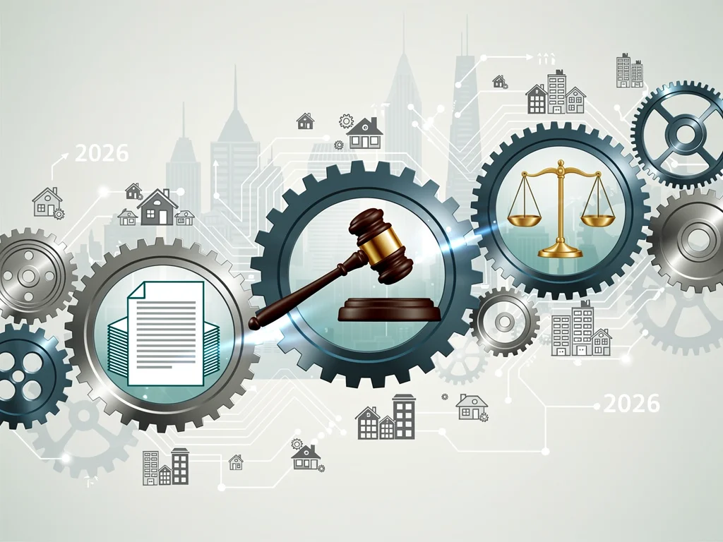 Interconnected gears and legal symbols representing the complexity of 2026 real estate law updates.