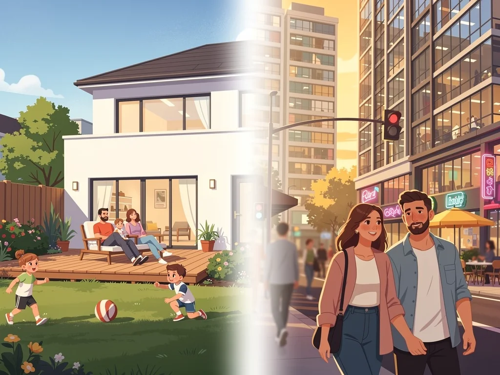Suburban family life versus urban apartment living, reflecting diverse buyer preferences.