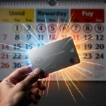 Hand holding credit card with glowing limited-time perks, calendar in background