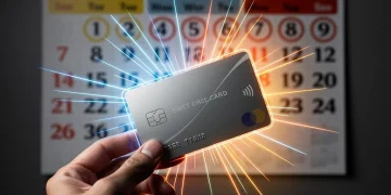 Hand holding credit card with glowing limited-time perks, calendar in background