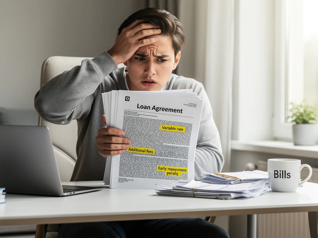 Stressed person reviewing complex loan documents