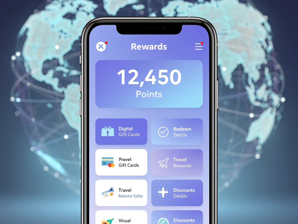 Smartphone displaying loyalty program app with points balance and redemption choices, emphasizing digital rewards management.