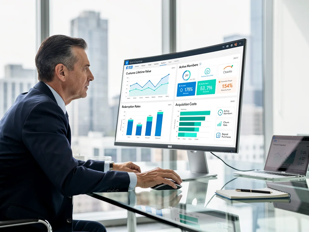 Executive analyzing loyalty program KPIs on a digital dashboard.