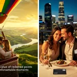 Couple enjoying a luxurious hot air balloon ride at sunset, symbolizing premium experience redemption.