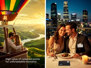 Couple enjoying a luxurious hot air balloon ride at sunset, symbolizing premium experience redemption.