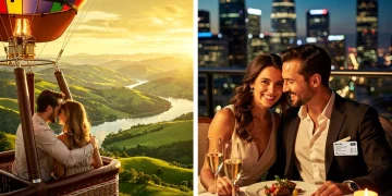 Couple enjoying a luxurious hot air balloon ride at sunset, symbolizing premium experience redemption.