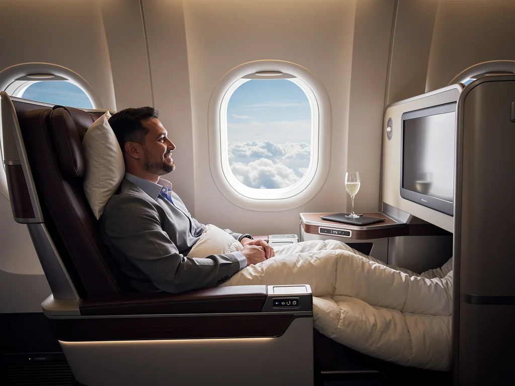 Business class passenger enjoying luxury flight with redeemed miles