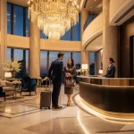 Luxury hotel lobby with couple checking in, representing premium credit card hotel elite status.