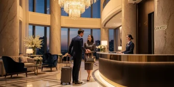 Luxury hotel lobby with couple checking in, representing premium credit card hotel elite status.