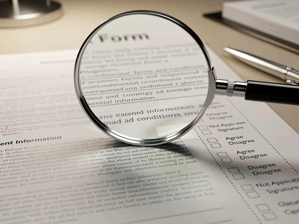 Magnifying glass examining intricate details of real estate disclosure forms for 2026.