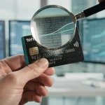 Magnifying glass over a credit card, revealing hidden benefits and savings.