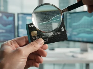 Magnifying glass over a credit card, revealing hidden benefits and savings.