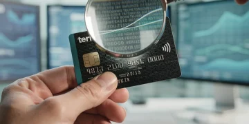 Magnifying glass over a credit card, revealing hidden benefits and savings.