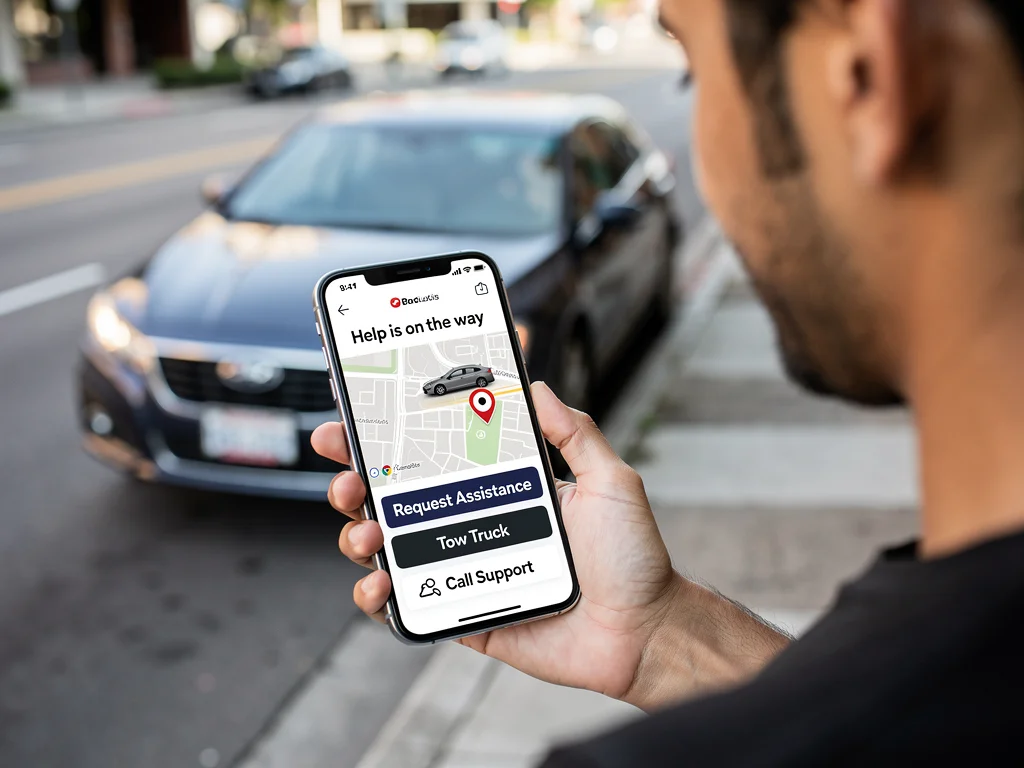 Person using mobile app for credit card roadside assistance.