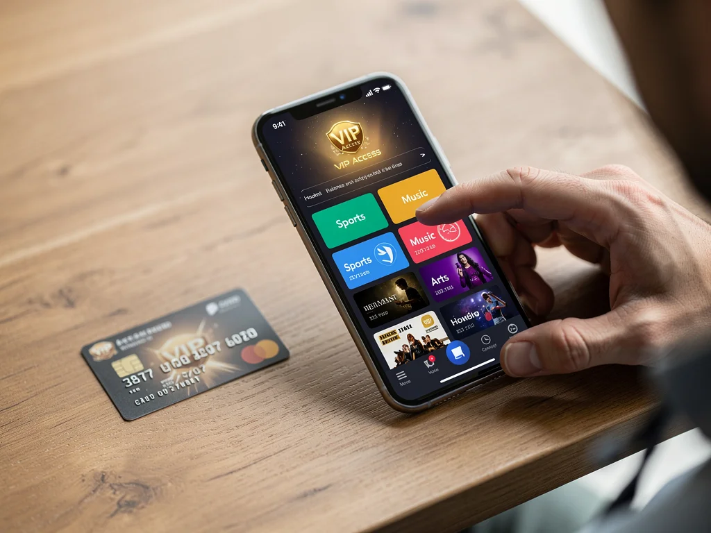 Browsing exclusive event tickets on a mobile app with a credit card