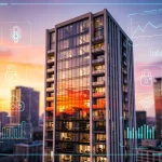 Modern apartment building reflecting city skyline at sunset, symbolizing advanced property management and urban living.