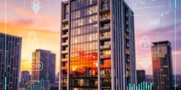 Modern apartment building reflecting city skyline at sunset, symbolizing advanced property management and urban living.
