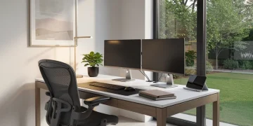 Modern home office with natural light and ergonomic furniture