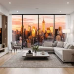 Modern living room with city skyline view, staged for a high-value real estate sale.