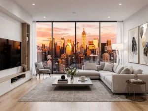 Modern living room with city skyline view, staged for a high-value real estate sale.