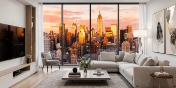 Modern living room with city skyline view, staged for a high-value real estate sale.