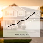 Graph showing inverse relationship between mortgage rates and property valuations, with suburban home background.