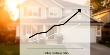 Graph showing inverse relationship between mortgage rates and property valuations, with suburban home background.