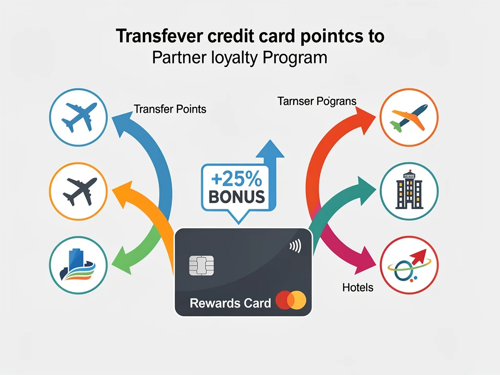 Infographic showing credit card points transferring to airline and hotel partners with bonus percentages.