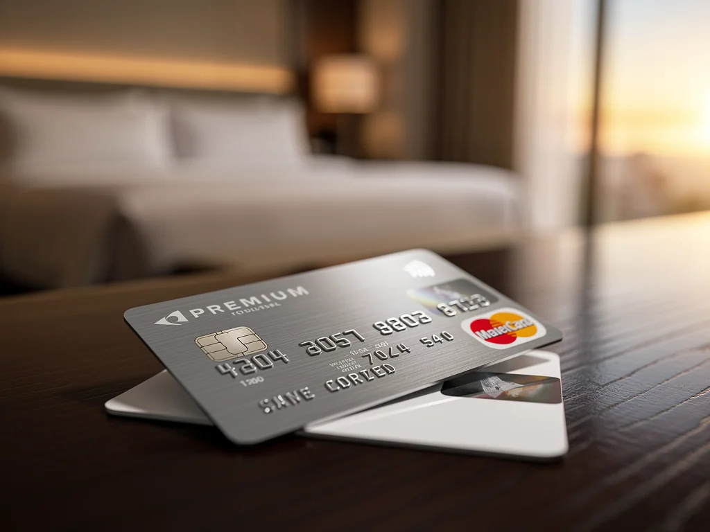 Premium credit card and hotel key card on a bed, symbolizing elite travel perks.