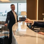 Traveler presenting Priority Pass card at airport lounge reception