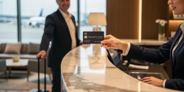 Traveler presenting Priority Pass card at airport lounge reception