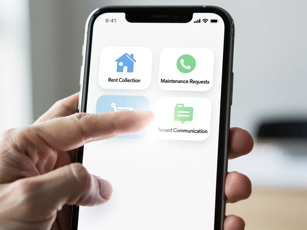 Smartphone displaying a property management app for rent collection, maintenance, and tenant communication.