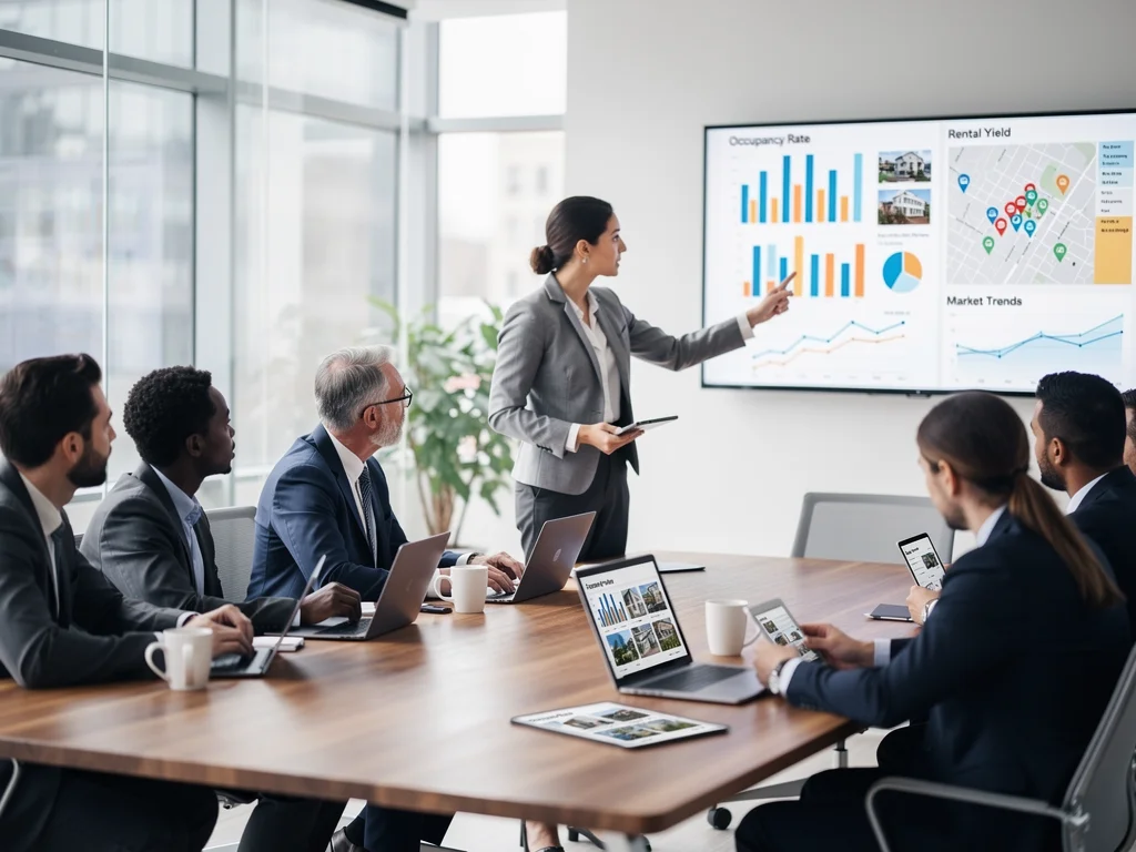 Property managers collaborating on market trends and data analytics in a modern office setting.