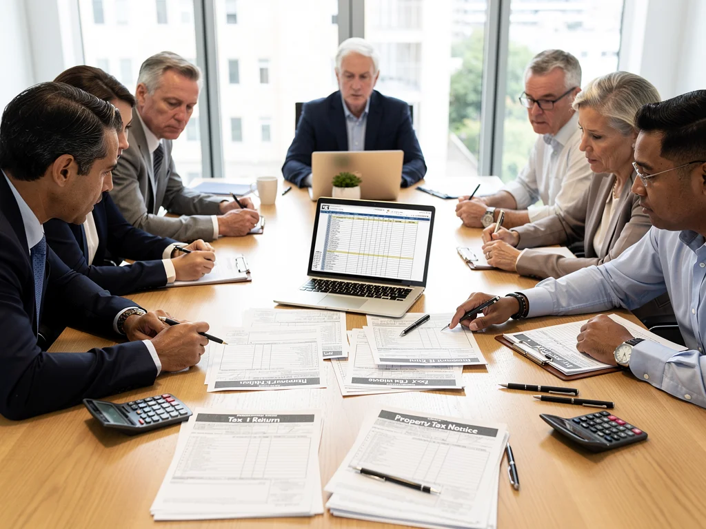 Property owners reviewing complex tax documents and financial statements