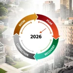 Graph showing real estate market cycles with a projected correction in 2026, with houses in the background.
