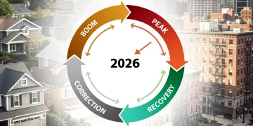 Graph showing real estate market cycles with a projected correction in 2026, with houses in the background.