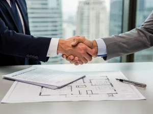 Professionals shaking hands over real estate documents, symbolizing new disclosure requirements in 2026.