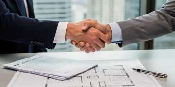Professionals shaking hands over real estate documents, symbolizing new disclosure requirements in 2026.