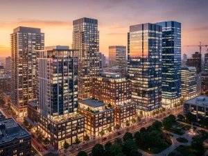 Skyline view showing balanced residential and commercial real estate, representing portfolio diversification.