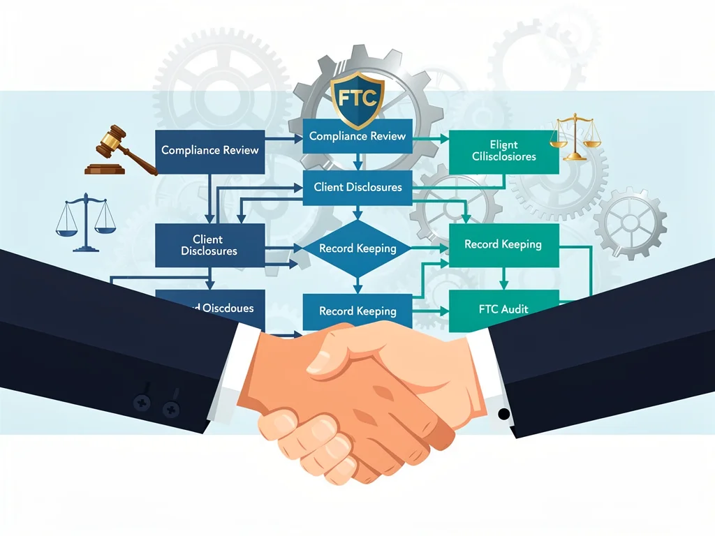 Graphic of hands shaking over compliance flowchart, new FTC standards