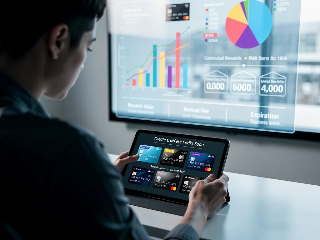 Person reviewing credit card offers and limited-time benefits on a tablet