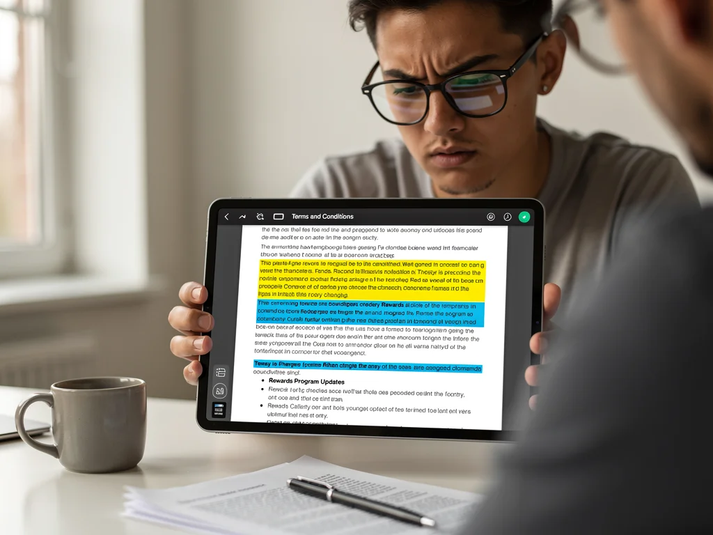Person reviewing complex rewards program terms and conditions on tablet
