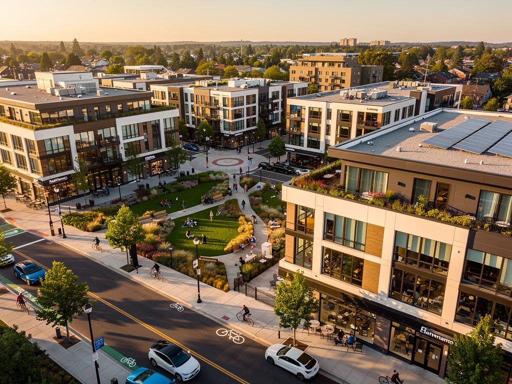 Revitalized urban district with mixed-use developments and green spaces.