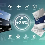 Credit cards and loyalty program logos converging to a 25% value increase icon, symbolizing enhanced reward point transfers.