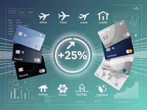 Credit cards and loyalty program logos converging to a 25% value increase icon, symbolizing enhanced reward point transfers.
